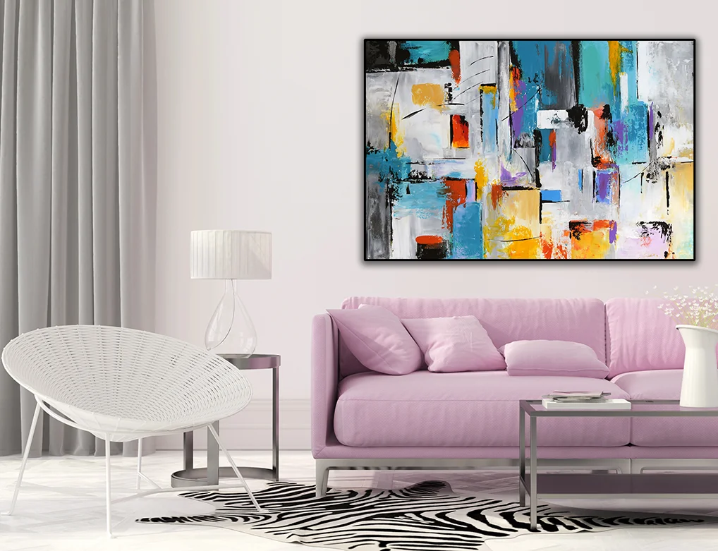 Living room with a pink sofa