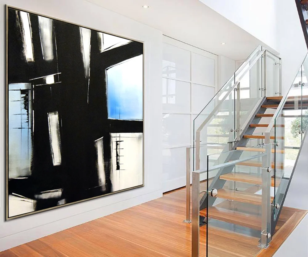Original Large Black Blue and white abstract painting, modern art Large contemporary painting, Black and white Canvas wall art #BWB02