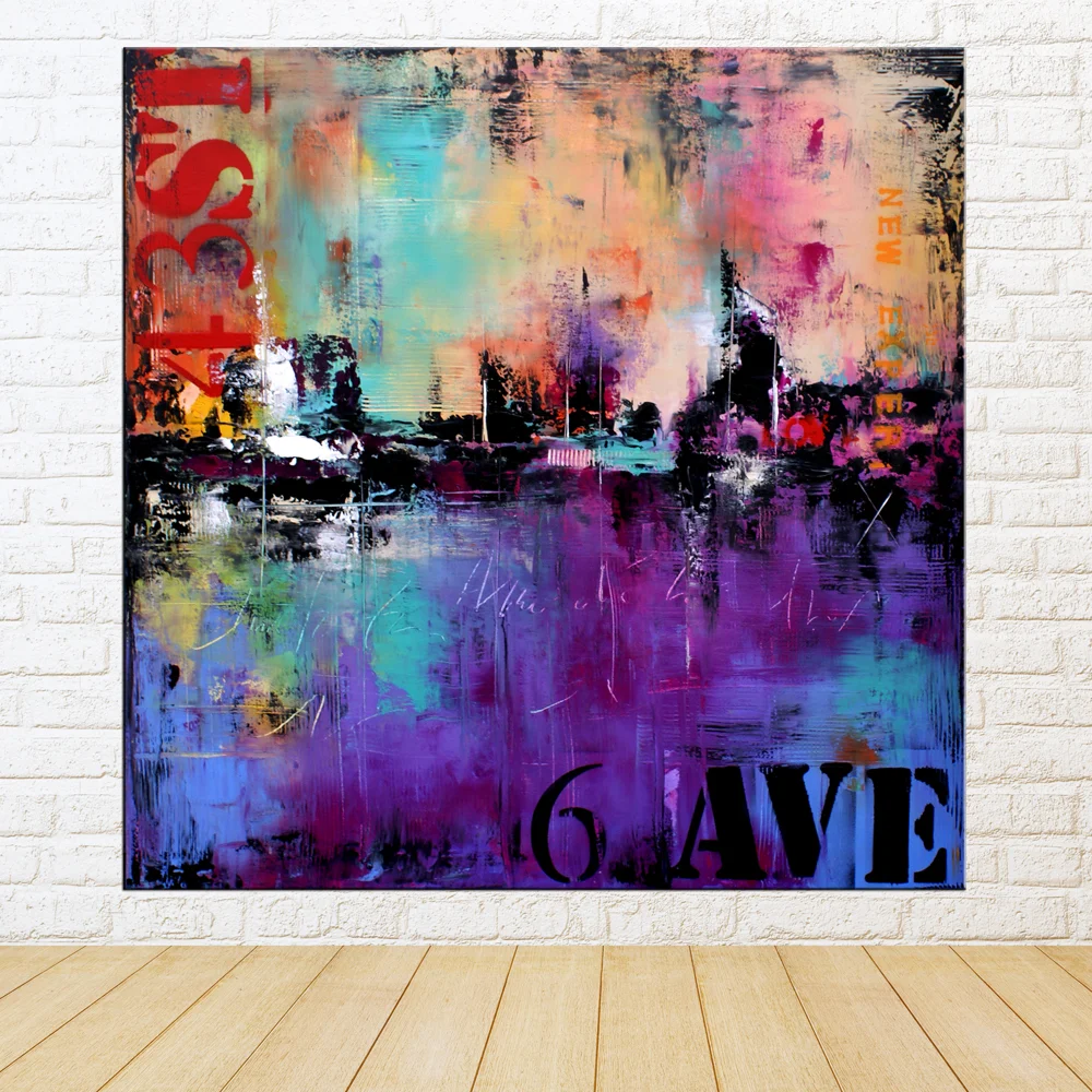 Handmade Purple Blue Abstract Urban Art, Large Purple Abstract Urban Painting, Art Painting Large industrial modern abstract painting sofa knife art #SQ008
