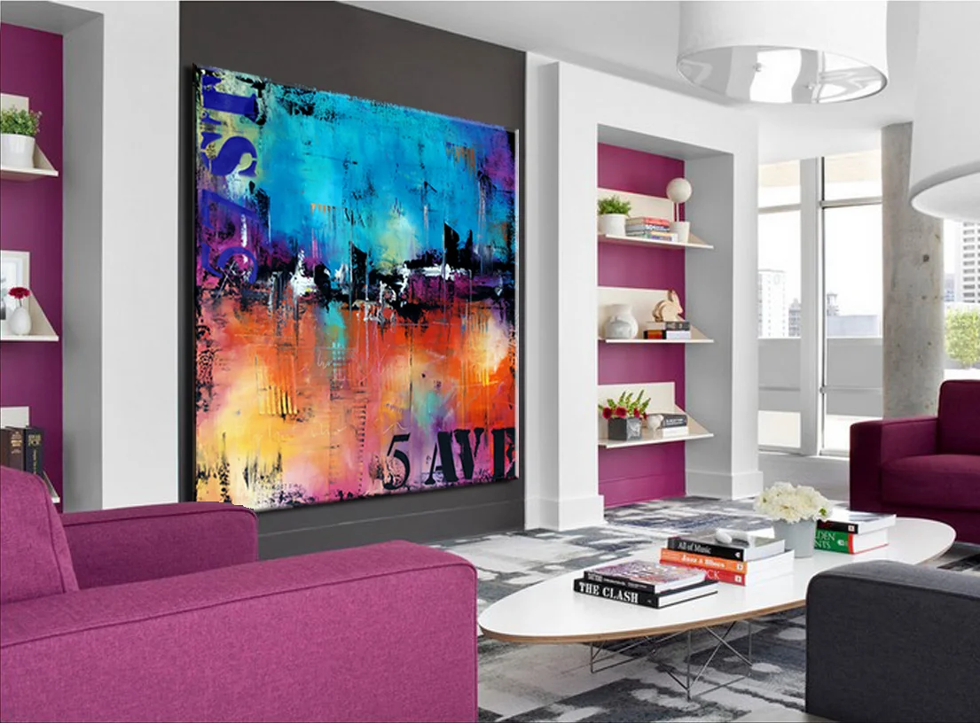 Large Abstract Urban Art , Large Orange and Blue Abstract Urban Painting, Art Painting Large industrial modern abstract painting sofa knife art #SQ009