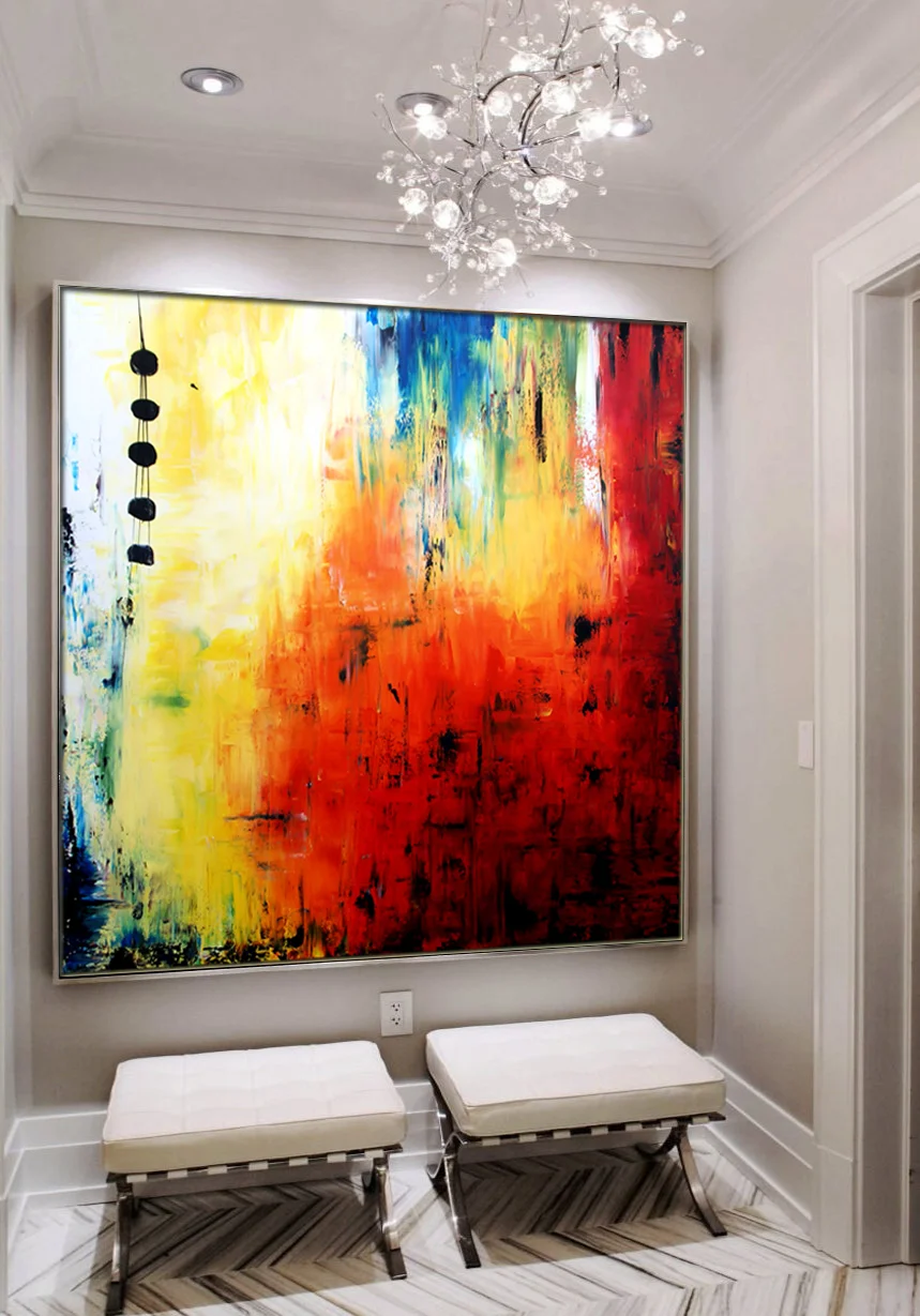 Square Abstract Art, Contemporary wall art, Large abstract Canvas Painting Handmade Acrylic Painting, Abstract Wall Art, Abstract Canvas Art, Red, Orange, Yellow, Blue ,black #SQ020