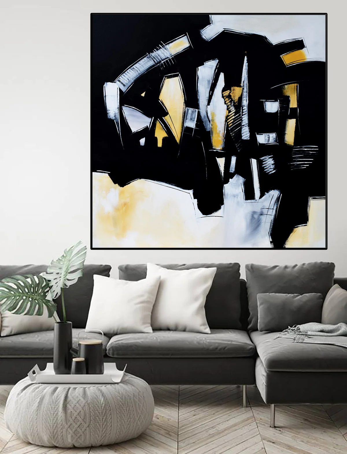 Extra Large Palette Knife Abstract Painting on Canvas, Large Black Beige Cream Minimal Art, Square Acrylic Painting on Canvas #ORD31