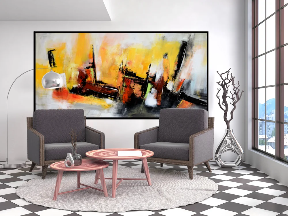 Panoramic Large Abstract yellow orange and grey painting,  Handmade Abstract Painting Minimalist Art,  Original Painting on Canvas grey yellow orange #PSL004