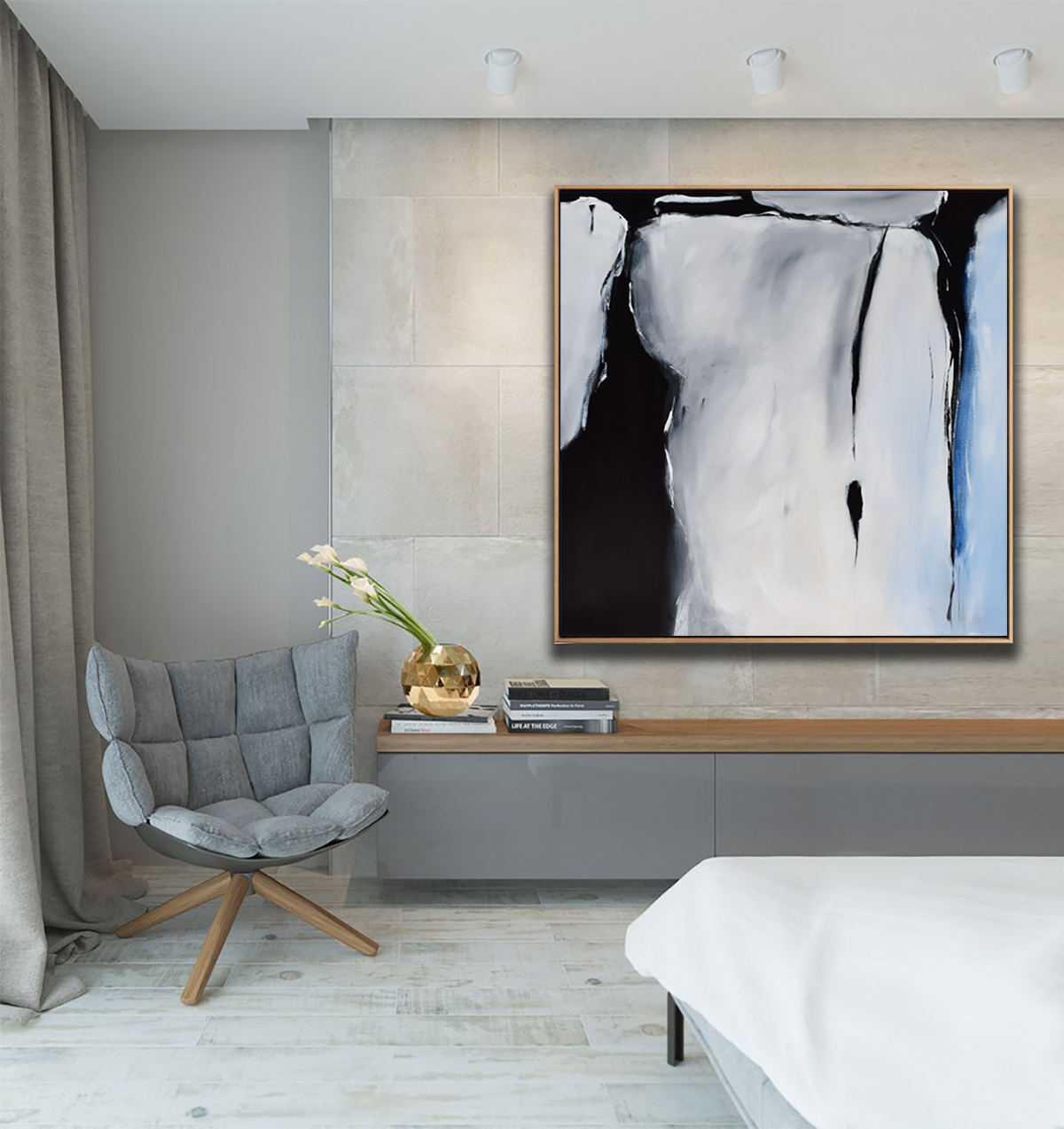 Original Large Abstract Art Painting On Canvas Black Grey Blue Square wall  art #BWB022
