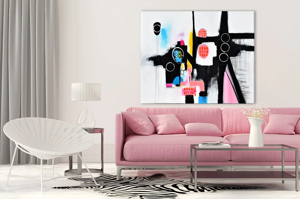 Living room with a pink sofa
