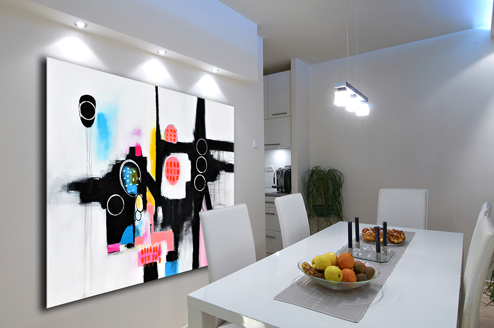 Pink Blue Black Grey and White Large Abstract Painting, 60x48 Original Canvas Wall Art #ORG36