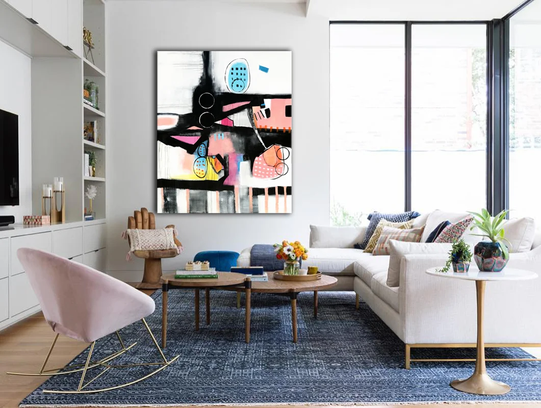 Pink Blue Black Grey and White Large Abstract Painting, 40x48 Original Canvas Wall Art  #ORG37