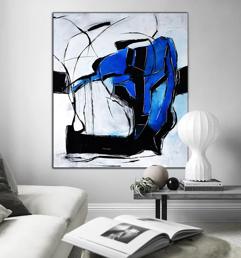 Blue Black and White Large Abstract Textured Painting, Gallery Wrapped Canvas Wall Art  #ORG38