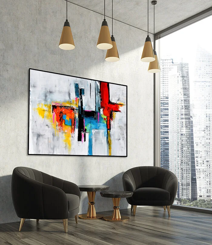Concrete living room, black armchairs, poster