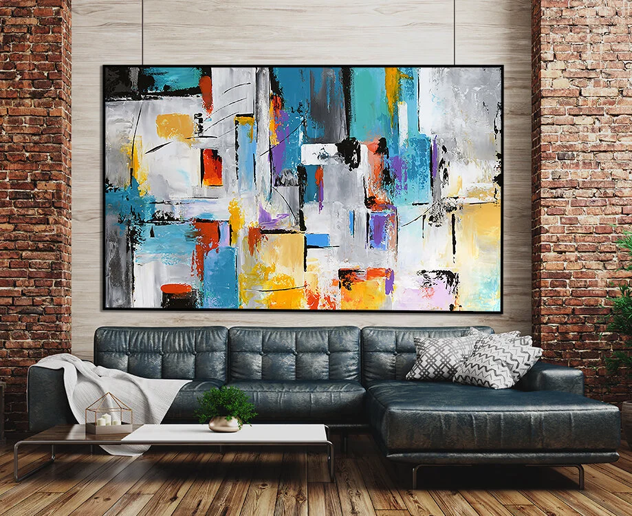 Large Contemporary Abstract Painting on Canvas, Rectangular Palette Knife Colorful Wall Art, Aqua, Turquoise,Purple, Gray #RT002CR