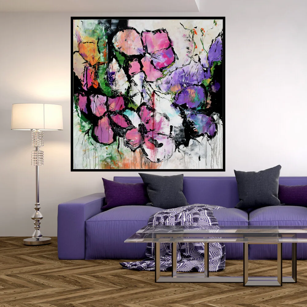 Large Abstract Flower Painting on canvas, square abstract contemporary painting purple pink yellow #SQ005