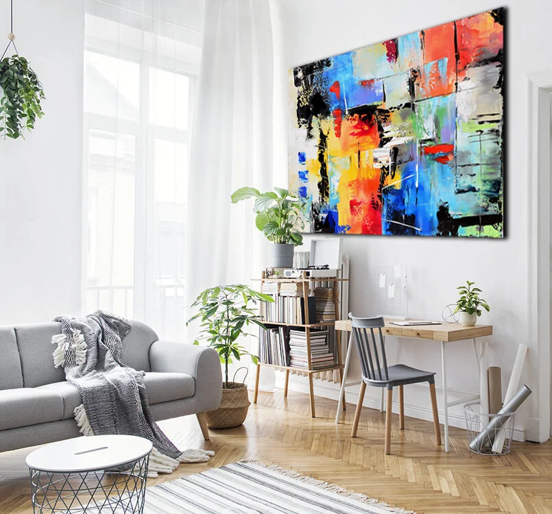 Extra large Handmade Art canvas painting, Original Acrylic painting, Yellow decor, green orange blue wall art, palette knife painting  #RT008 