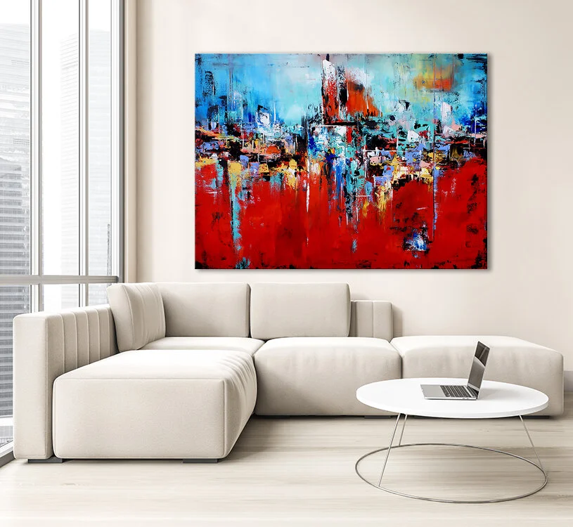 Mockup canvas in light living room with white sofa on parquet fl