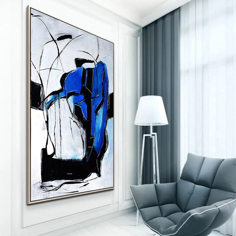 Handmade Large abstract painting, Blue Black and White Large Abstract Textured Painting#RT011
