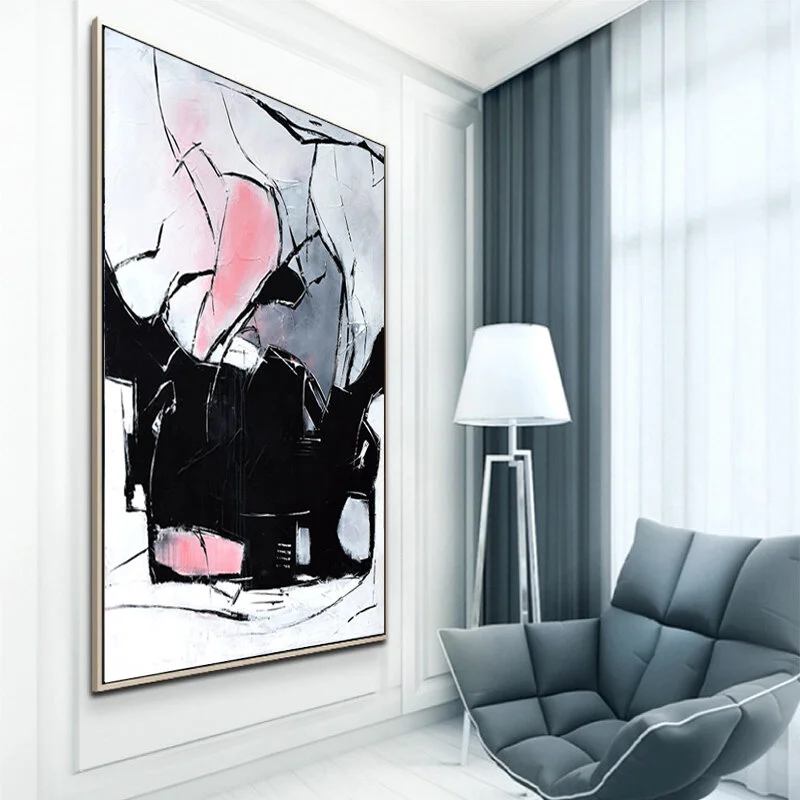 Large abstract painting, Pink Black Gray and White Large Abstract Textured Painting, hand painted minimalist modern art, large abstract wall art  #RT012