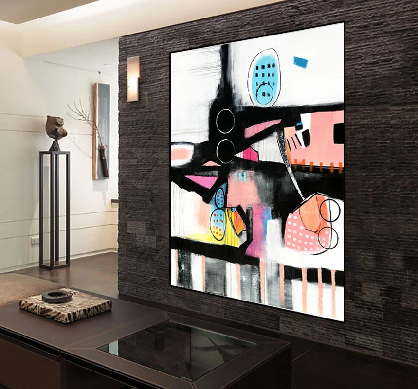 Large abstract painting, Pink Blue Black Gray and White Large Abstract Wall Art Painting, hand painted minimalist modern art, large abstract wall art  #RT013
