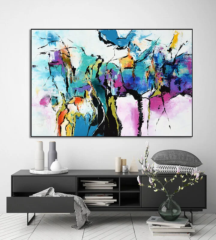 Abstract Art, Contemporary wall art, Large abstract Canvas Painting Handmade Acrylic Painting, Abstract Wall Art, Abstract Canvas Art, Aqua, Blue, Purple, Pink, Black #RT015