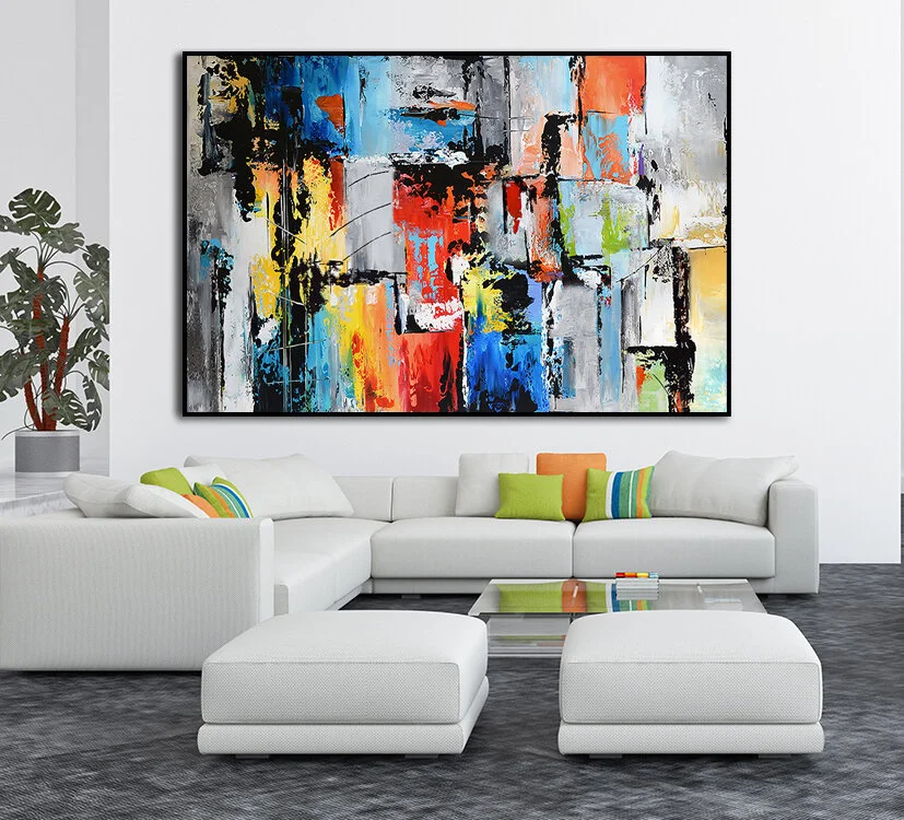 Large Contemporary Abstract Painting on Canvas, Rectangular Palette Knife Colorful Wall Art, Red Yellow Orange Blue Green Gray #RT016