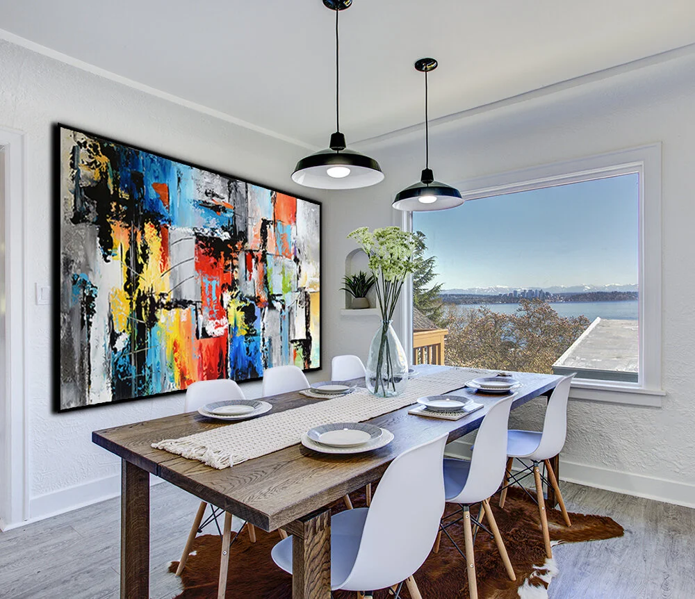 Dining room with white walls and wooden table.