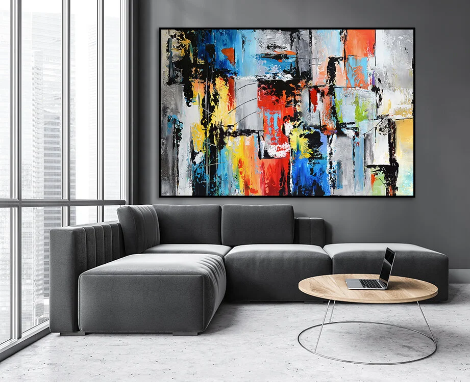 Mockup canvas in dark living room with black sofa on marble floo