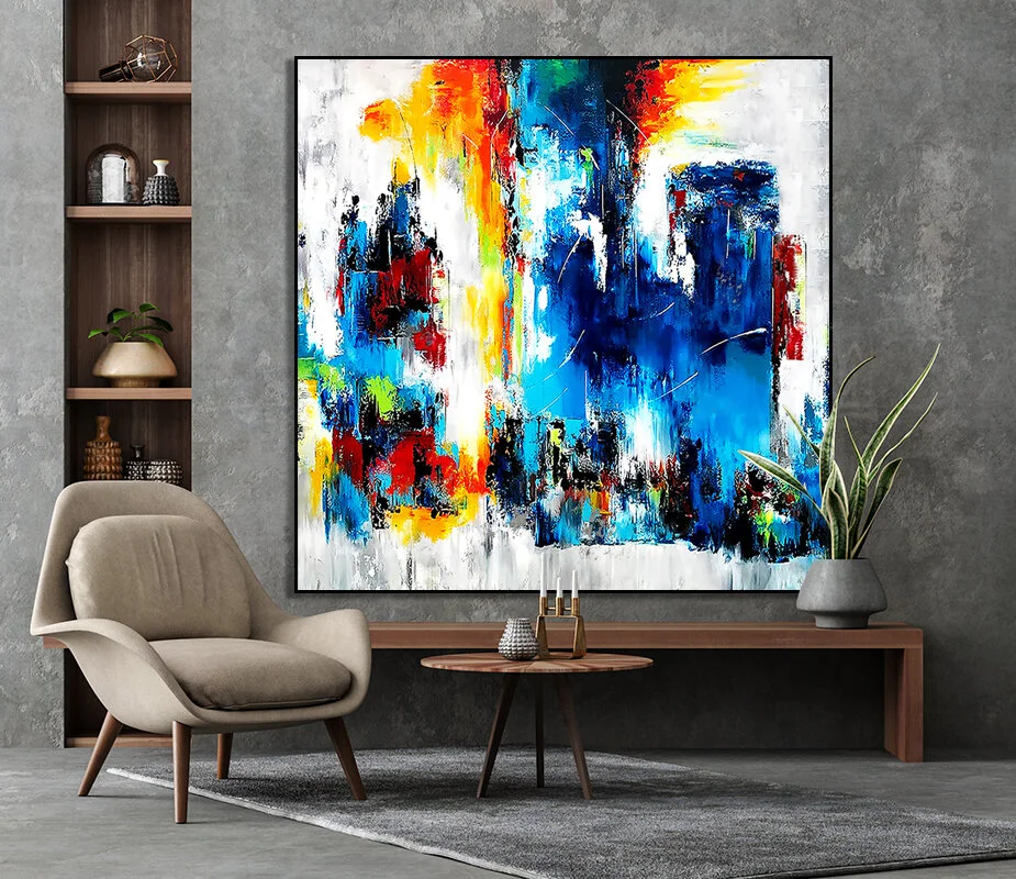 Large Abstract Painting on Canvas, Square Palette Knife Colorful Wall Art, Blue, Red, Orange, Yellow, Green, Gray #SQ026