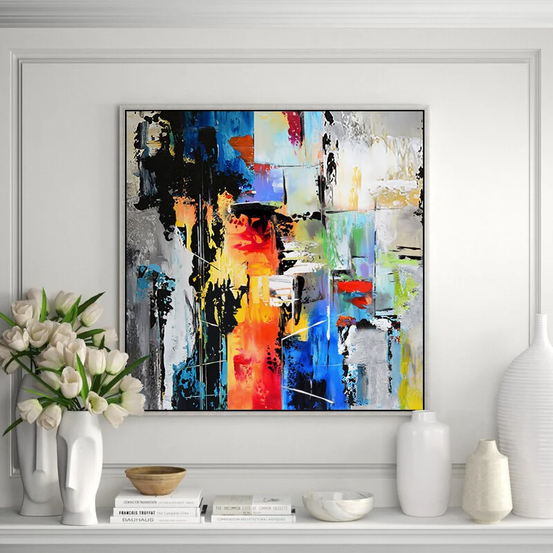 Large Contemporary Abstract Painting on Canvas, Square Palette Knife Colorful Wall Art, Red Yellow Orange Blue Green Gray #SQ027
