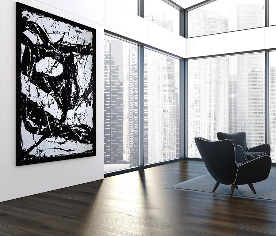 Penthouse living room black armchair, poster
