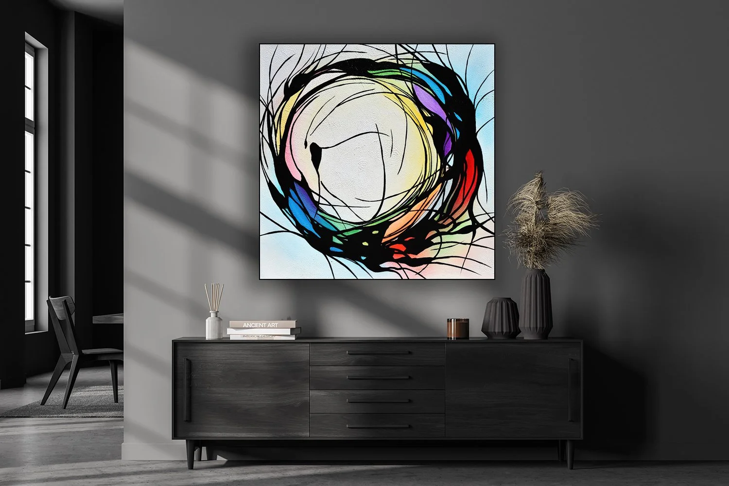 Handmade Large abstract painting, 32"x32" Black and white circle painting on canvas, hand painted minimalist modern art, large abstract wall art #ORG43