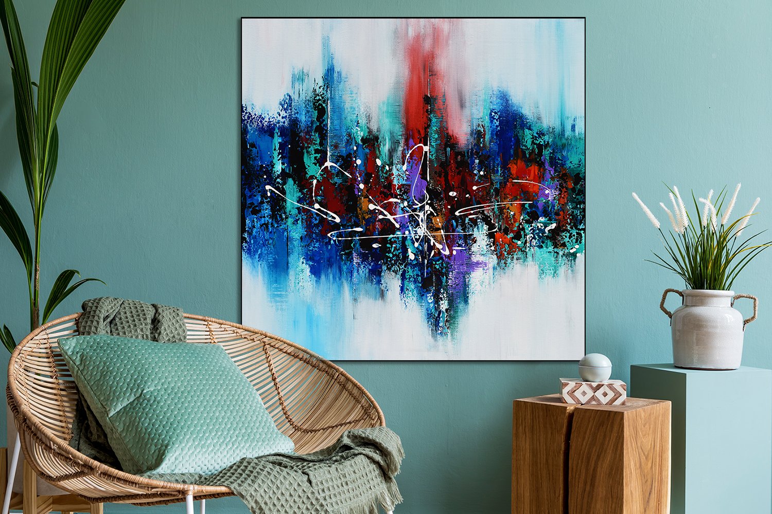 Interior design of living room at modern home with stylish ratta