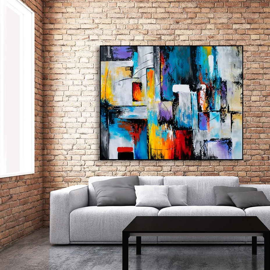 Contemporary living room sofa and window with brick wall backgro