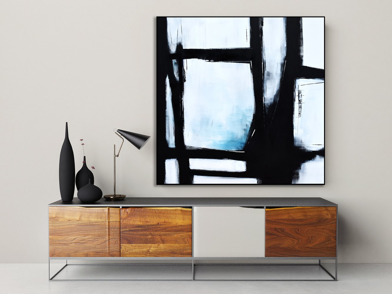 Mock up poster with retro Chest of Drawer, lamp and home decorat