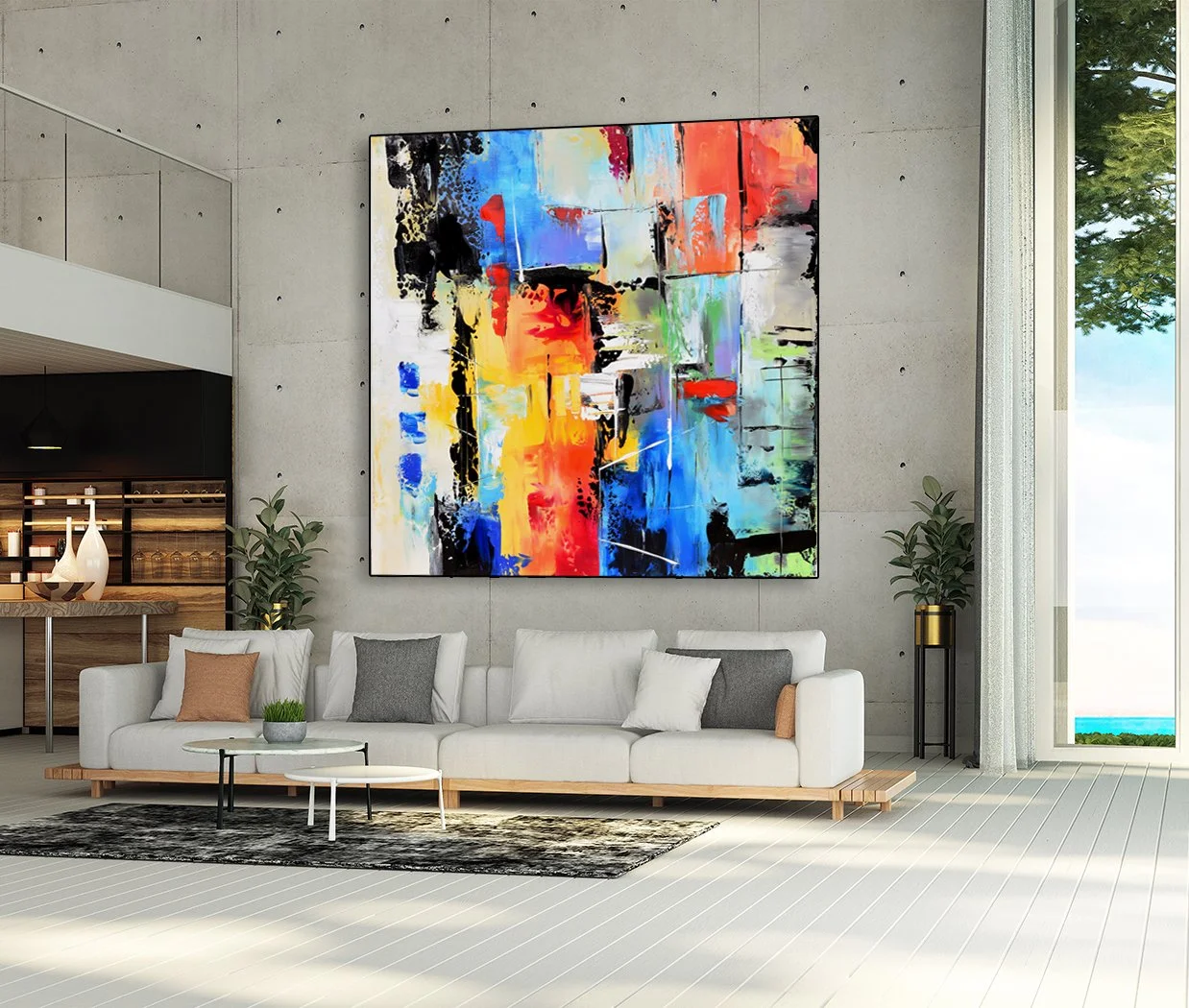 Abstract Painting, Contemporary Wall Art, Extra Large Abstract Painting on Canvas, Square Abstract Art, Yellow, Orange, Blue, Green, Cream #SQ002