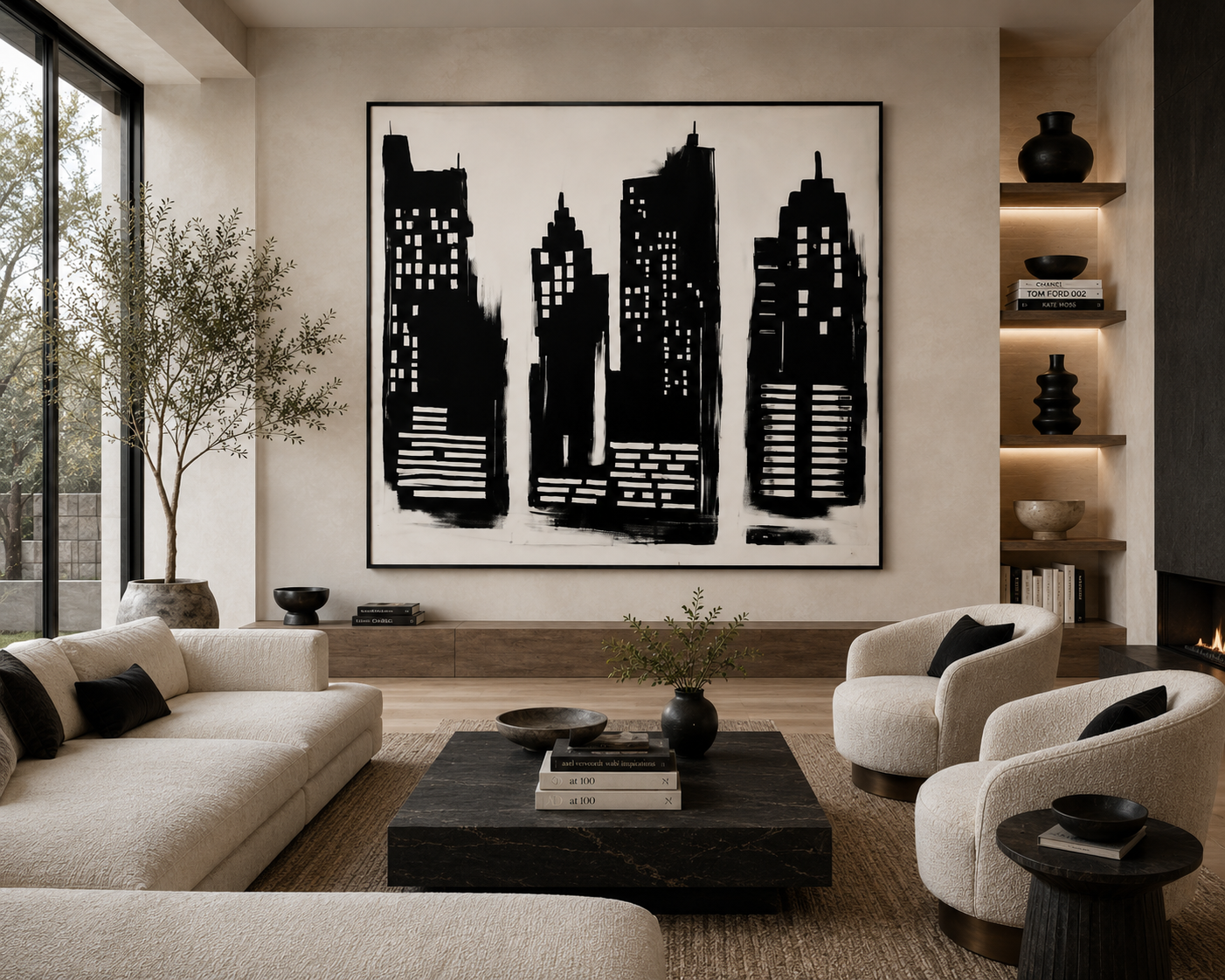 FREED — Original Black & White Cityscape Painting | 72" × 72"