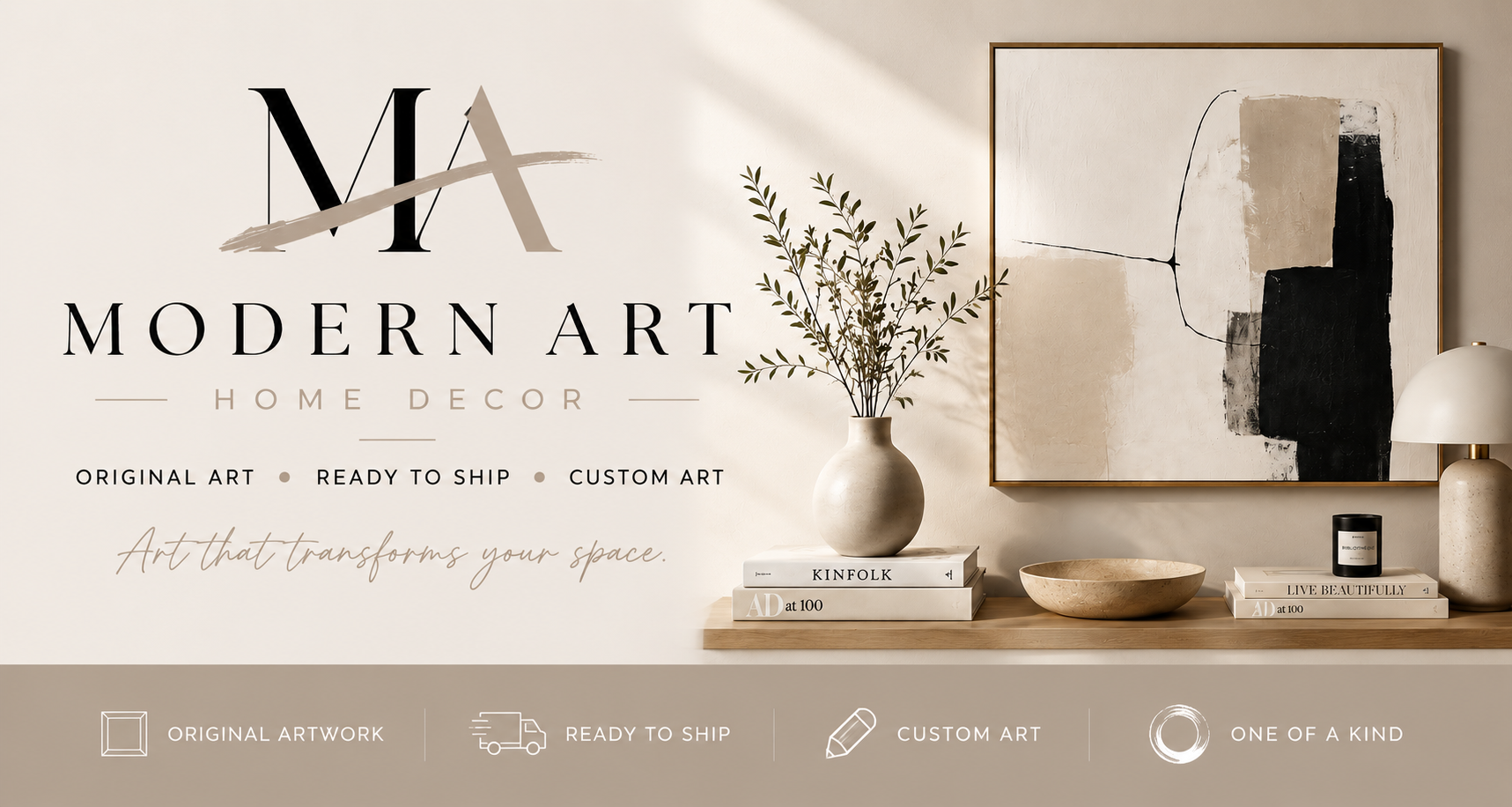 Modern Art Home Decor featuring original neutral abstract artwork styled in a contemporary interior with warm beige, cream and black tones.