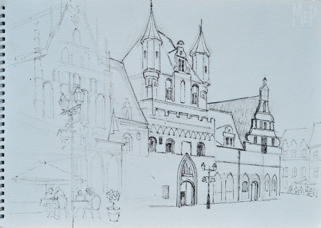 OK9. Belgium ?Antwerp or Bruges. Pen sketch. 35x25cm
