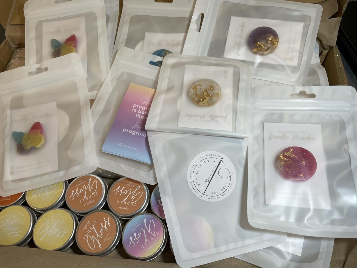 Sew? Very excited. A new supply of fabulous Needle Minders &amp; glorious tins of Thread Gloss from the lovely Sew Luxe Co. Just in today . If you love to hand stitch or want to give a special gift to a happy sewer then these are for you. 
#sewluxeco