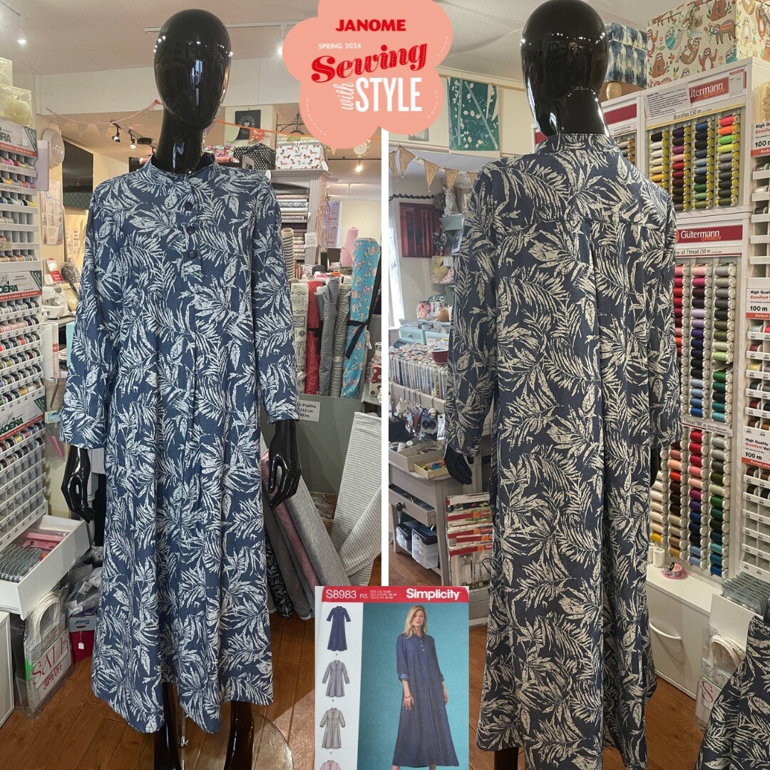 Sew? Pol is looking oh so pretty in her latest printed denim dress, stitched using Janome machines &amp; attachments &amp; adapting a Simplicity pattern (a small selection of patterns are available in store, including this one). There are lots of fab