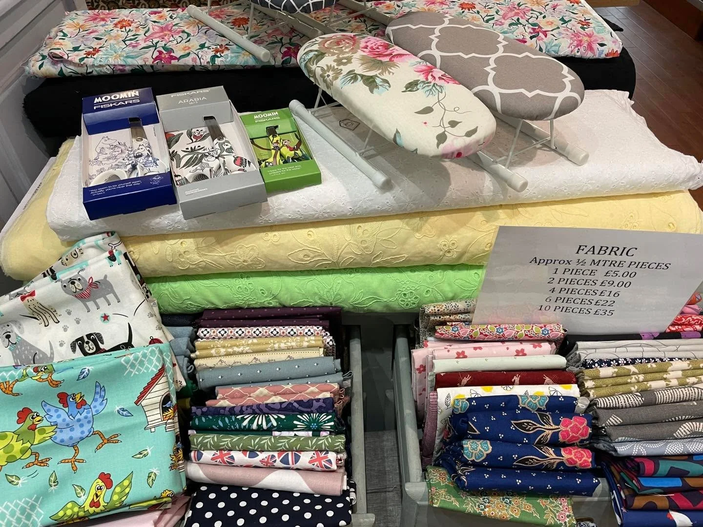 Sunday opening 10-12.30
The cut price draws are being restocked &amp; due to popular demand,  new mini ironing boards are back in -sew pretty ( &amp; not forgetting Fiskars Moomin scissors)