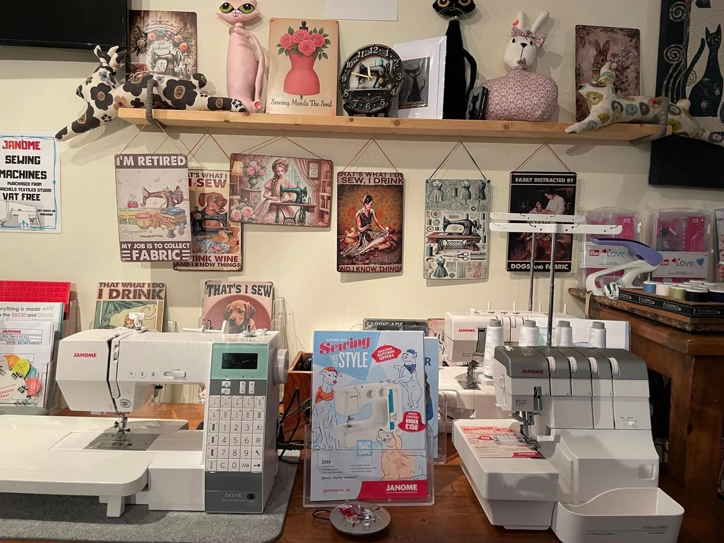 Sewing machines &amp; sewing themed signs. So many to choose from &amp; to love. The Janome offers finish on 31st December so best to order soon
Open Thurs 18th 10-5.30 for all your sewing needs