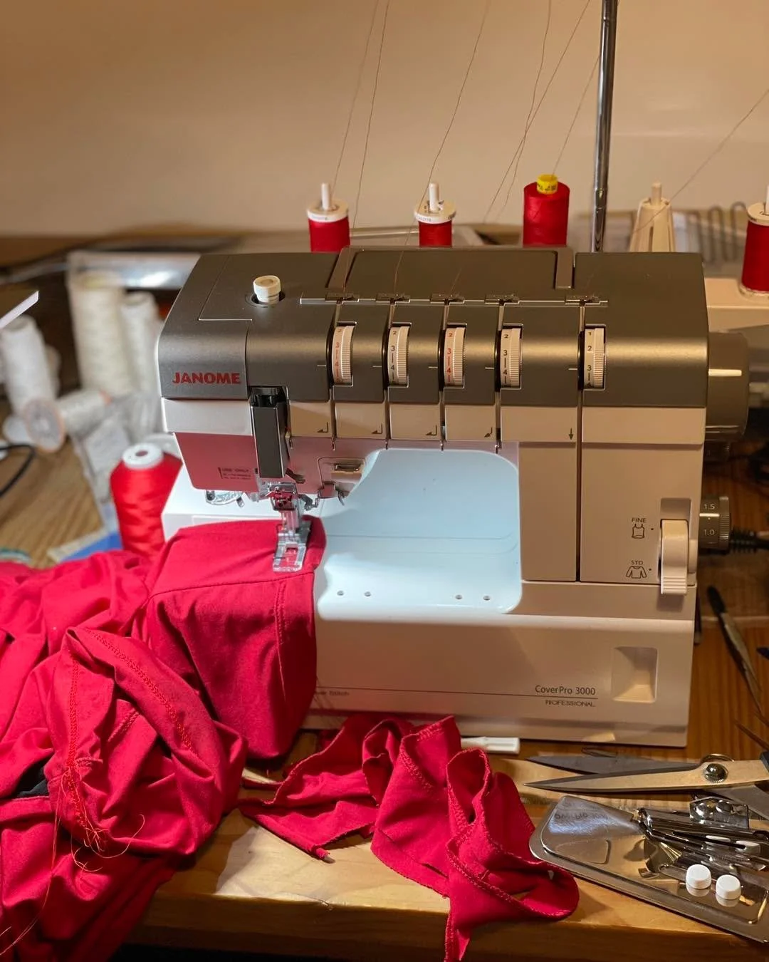 Rachel wishes she could be a little tidier when in stitching but it will never be. 
Working on the cover stitch isn&rsquo;t quite as bad as the overlocker but even then ! 
The shop is open Thursdays from 10&ndash;5.30 for sewing essentials, useful bi