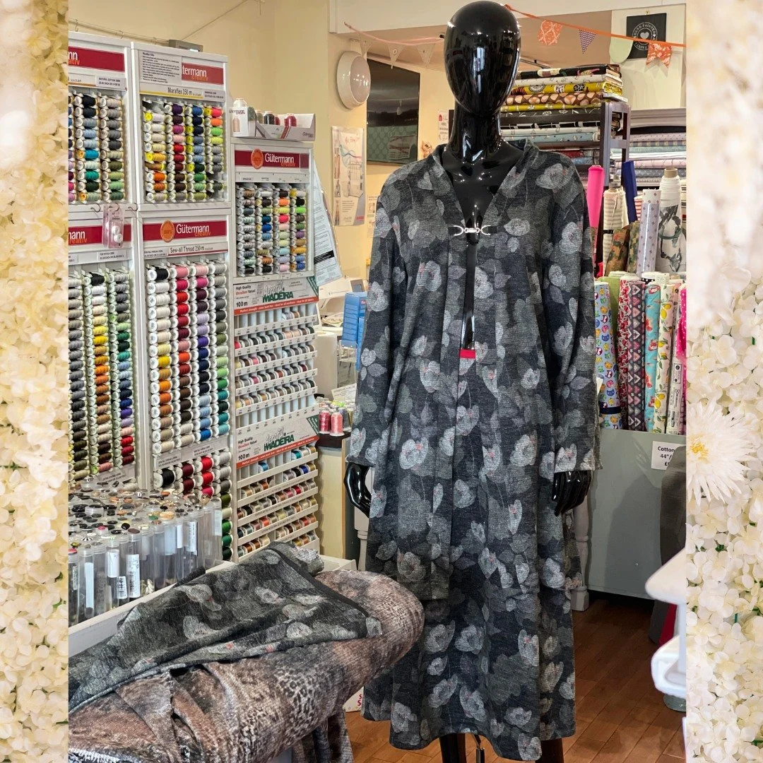 Pol is wearing her latest bargain outfit made with the fabulous patterned knit (85% Polyester, 2% Lurex &amp; 13% Viscose, 150cm wide &amp; reduced to only &pound;5/m 
It stiches beautifully, especially on an overlocker 
Pop in to see the full range 