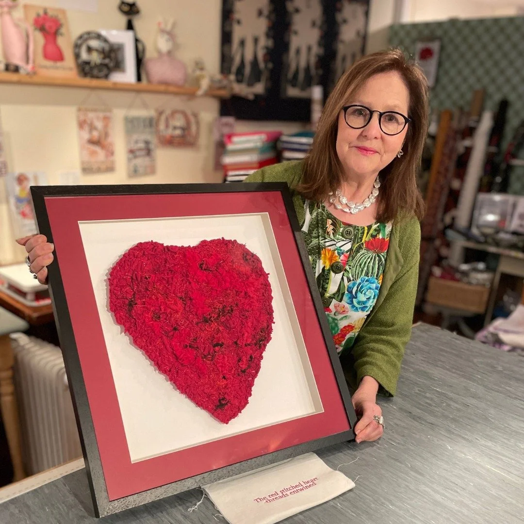 The red stitched heart -threads entwined
A piece of Textile Art stitched with so much love
Rachel's heart is now finished &amp; framed. In her first ever blog  read all about the making n her website &amp; do pop in if there are any products you need