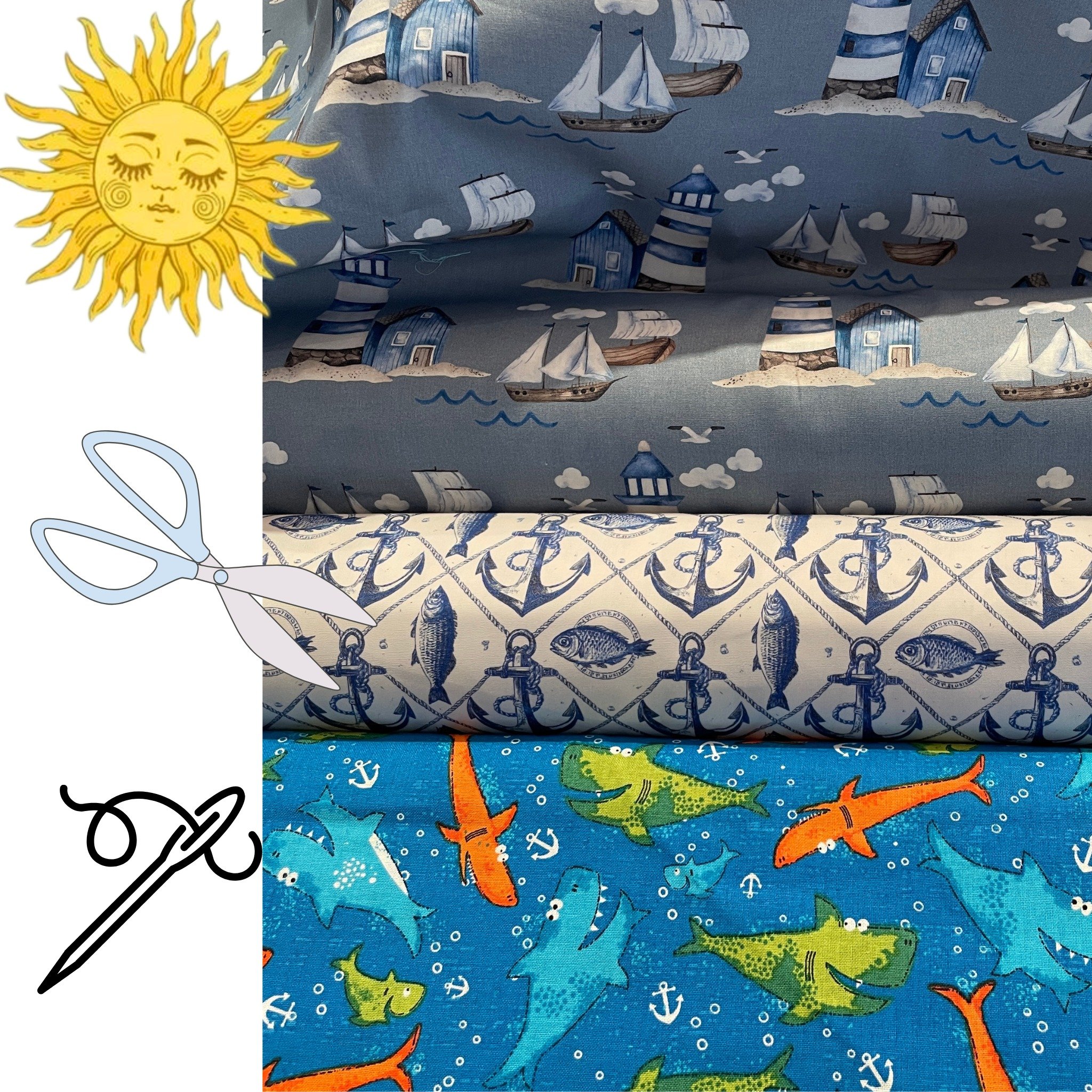 Fabulous fabrics are arriving in store &amp; hopefully the sun will start to shine a bit more.
Loving these sea themed 100% cottons just in
Open Tuesdays 10-2 for all your sewing needs