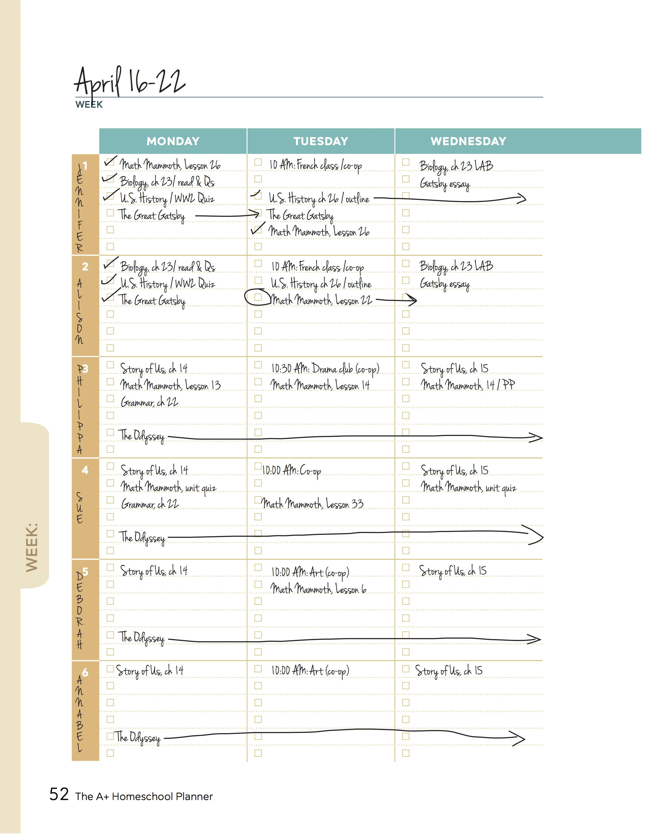 Sorry if you too now have that Beautiful south song stuck in your head, but even if your students have less earwormy names, there is plenty of room to keep up with their studies in the weekly planner pages.