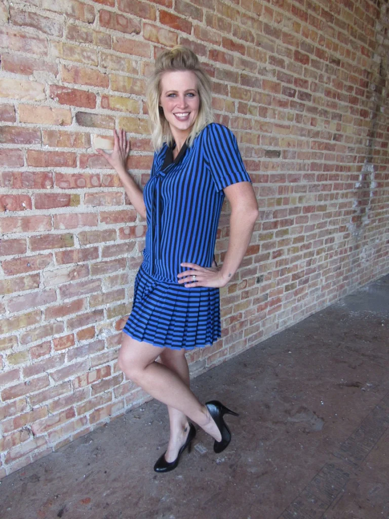 blue and black striped dress Women's Blue Striped Puff Sleeve Midi Dress | Avara
