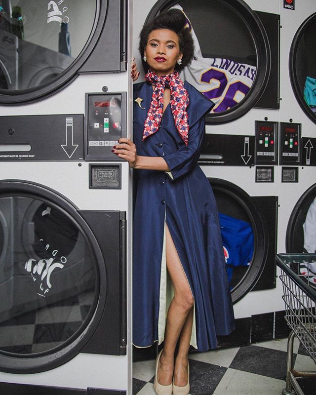 The only way to wash laundry is while wearing a vintage dress! 👗 ..
..
..
📷 @joooeforlong 
MUA: @maquillajebynoor 
Hair &amp; model: Emma O&rsquo;Connor 
Fashion Stylist @fringe_and_creme_brulee 
Clothing @discovermelange 
Location @chicagomagiclou