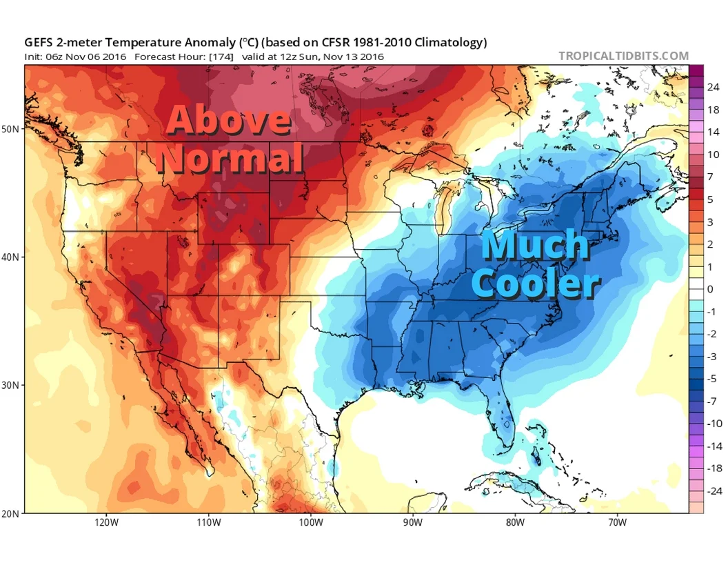 Image shows below normal temperatures in the blue shading.
