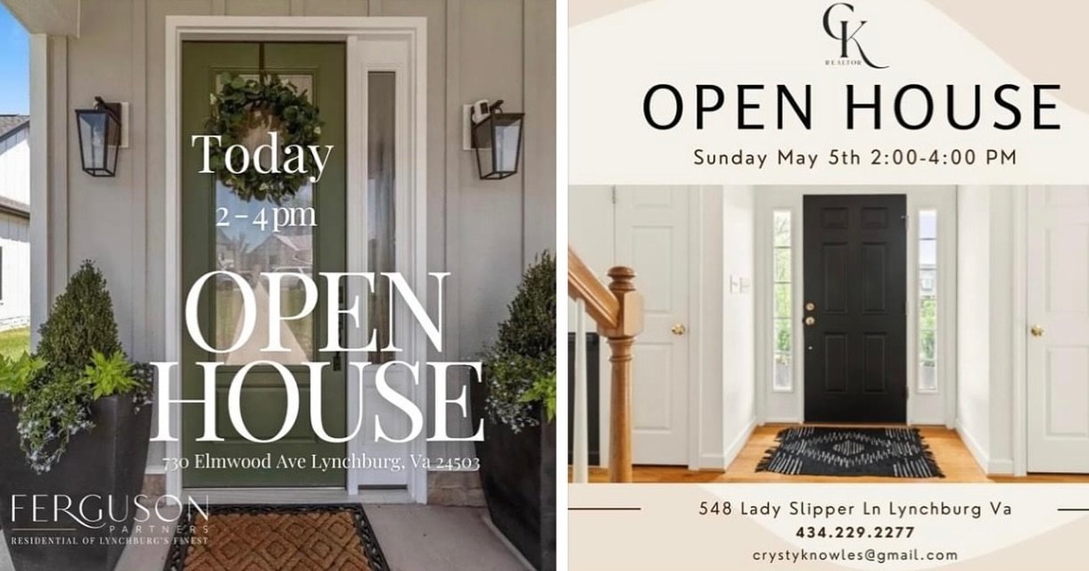 OPEN Houses TODAY! 2 - 4pm, 5/5
Plan to stop by &amp; join us for a tour of 2 of our Finest New Listings 🚪

1.) 730 Elmwood Ave Lynchburg 
and
2.) 548 Lady Slipper Ln Lynchburg