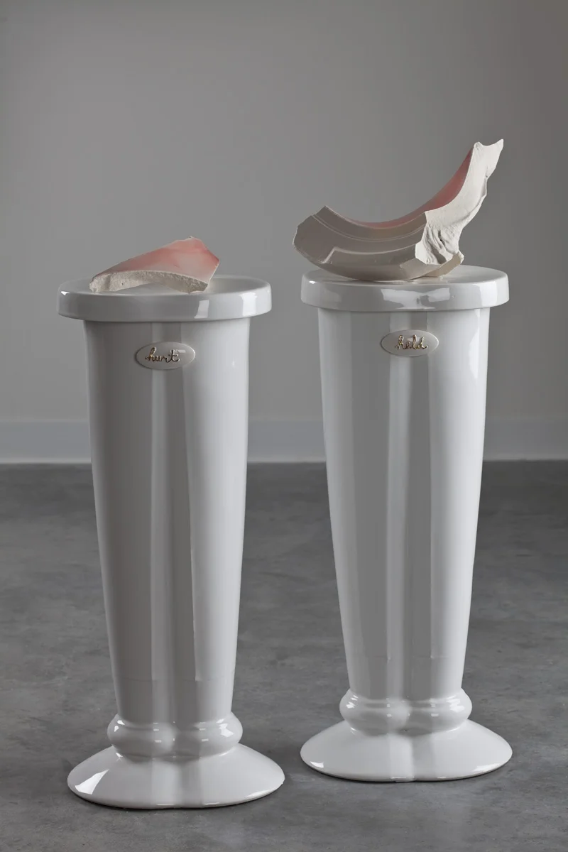 hurt/held slipcast vitreous ceramics with glaze and gold luster, 35"x16"x11" and 42"x16"x11", 2011