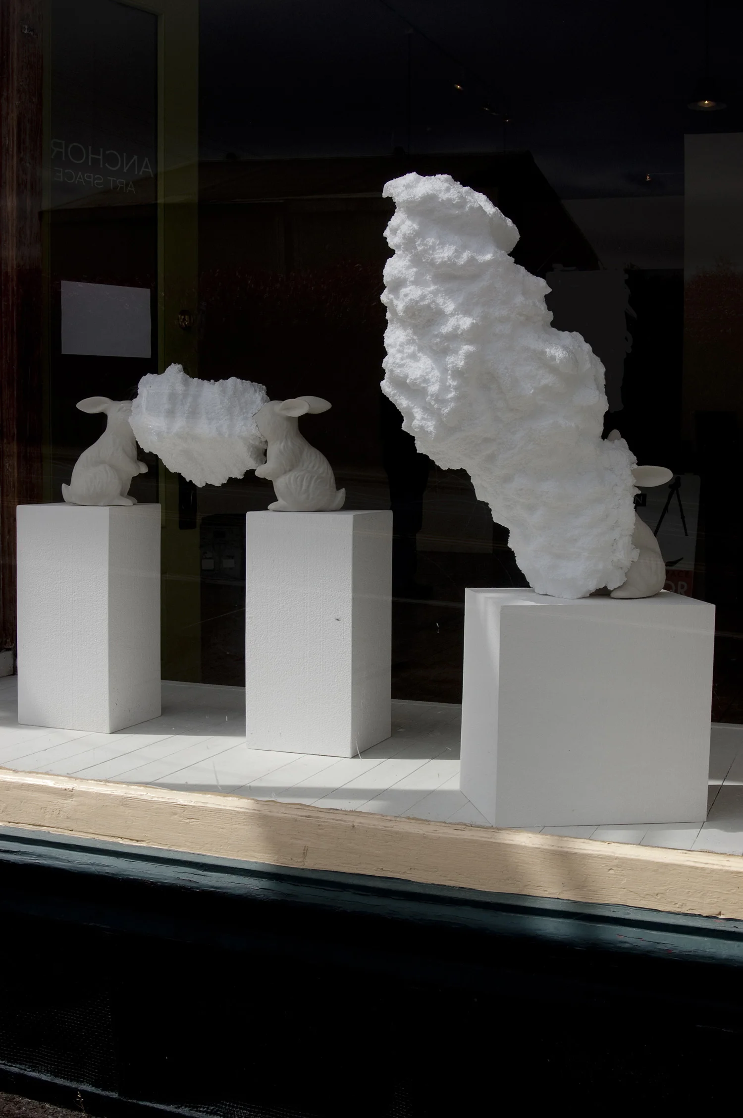 plato's doubt: mountains of bullshit between us; wingless porcelain, plaster, polystyrene, 2013 Installation at the Anchor Art Space, Anacortes
